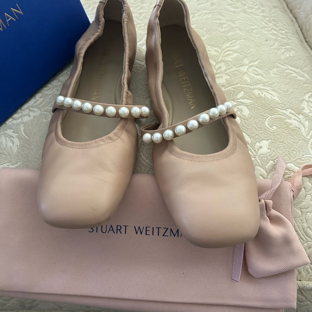 Stuart Weitzman Blush Pearl-Adorned Flats